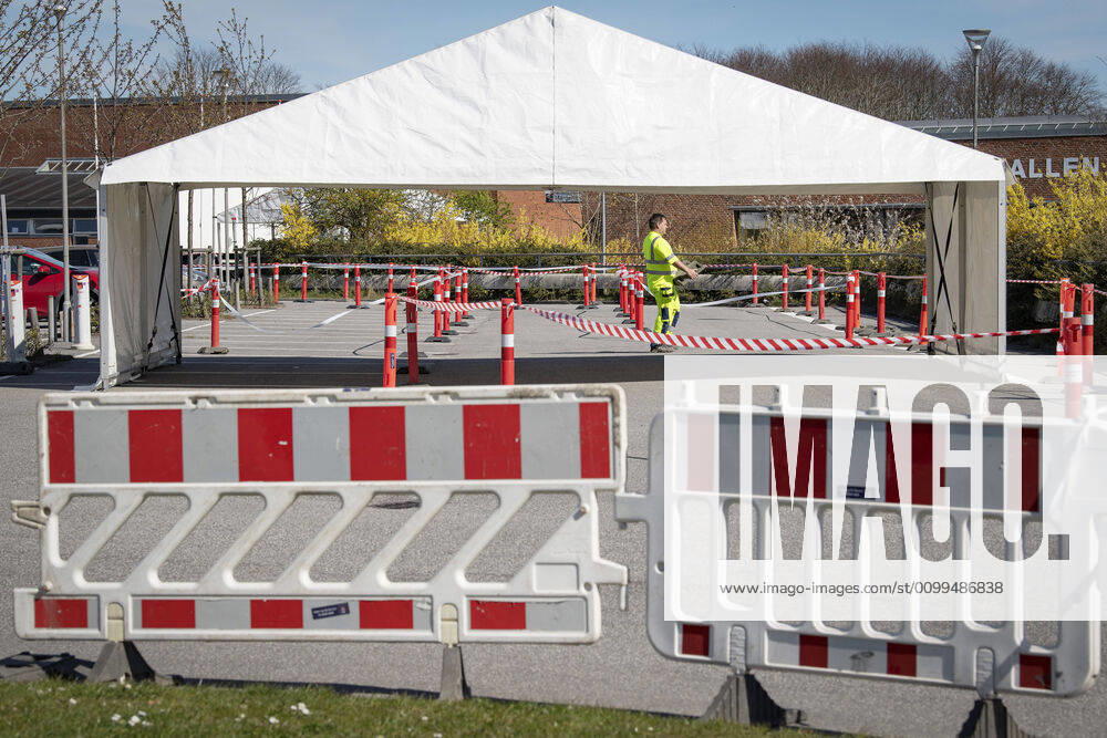 Authorities are setting up COVID 19 test centers in tents at Vejlby Risskov Hall in Aarhus, Monday April 20, 2020, Aarhus Denmark,