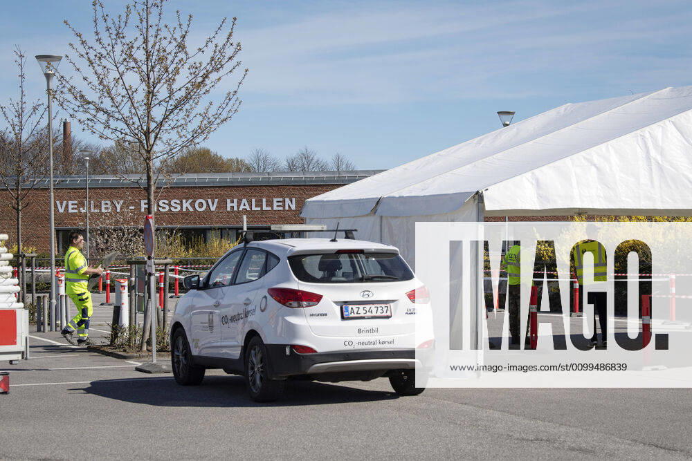 Authorities are setting up COVID 19 test centers in tents at Vejlby Risskov Hall in Aarhus, Monday April 20, 2020, Aarhus Denmark,