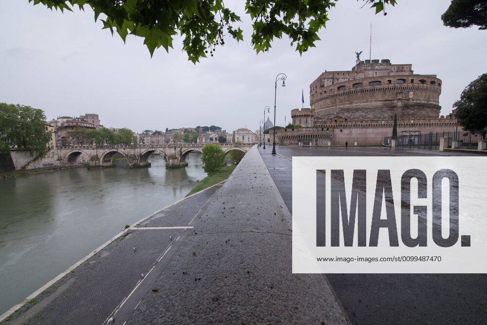 Italy: Rome in the rain during Covid-19 lockdown Views of Castel Sant Angelo, St. Peter s Basilica and Tiber river, in the rain during the lockdown for the Covid-19 pandemic, today 20 April 2020 Roma Italy