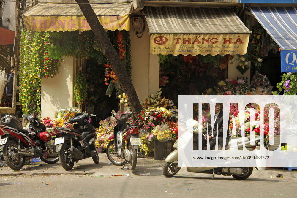 IMAGO Creative: Stadt-Dichotomien Blumenladen junger Vietnamese im Anzug wartet auf seinem Roller vor einem Blumengeschäft in der Altstadt von Hanoi , Vietnam, Asien young men on a scooter waiting in front of a flower store in Hanoi, Vietnam, Asia
