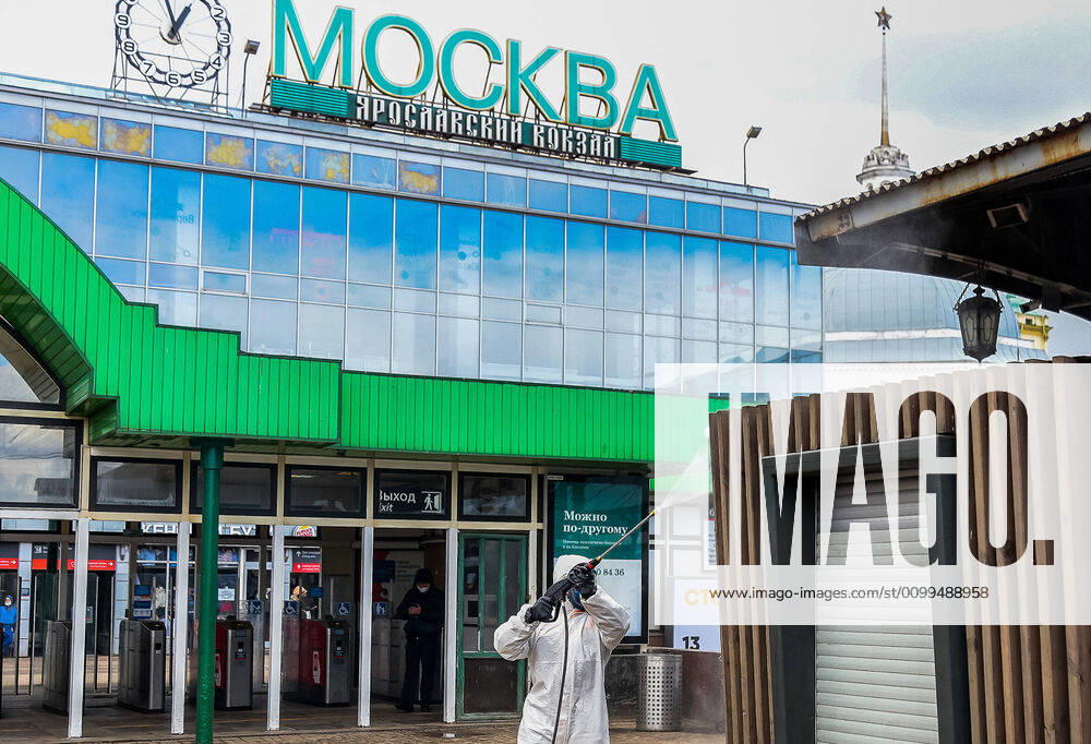 An employee of the Russian Emergencies Ministry disinfecting the Yaroslavsky railway station amid the ongoing COVID-19 coronavirus pandemic. Russian Emergencies Ministry TASS TS0D676D