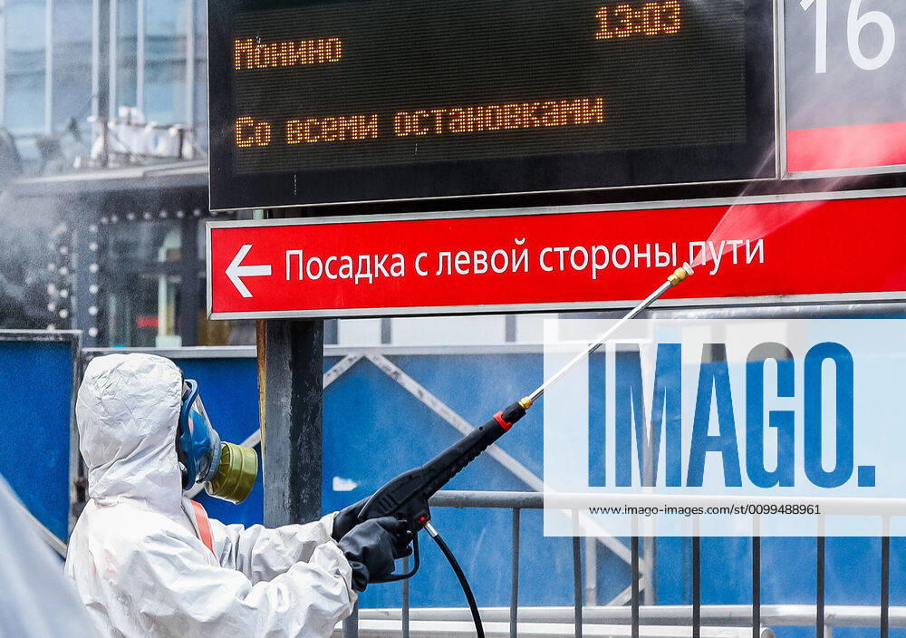 An employee of the Russian Emergencies Ministry disinfecting the Yaroslavsky railway station amid the ongoing COVID-19 coronavirus pandemic. Russian Emergencies Ministry TASS TS0D6770