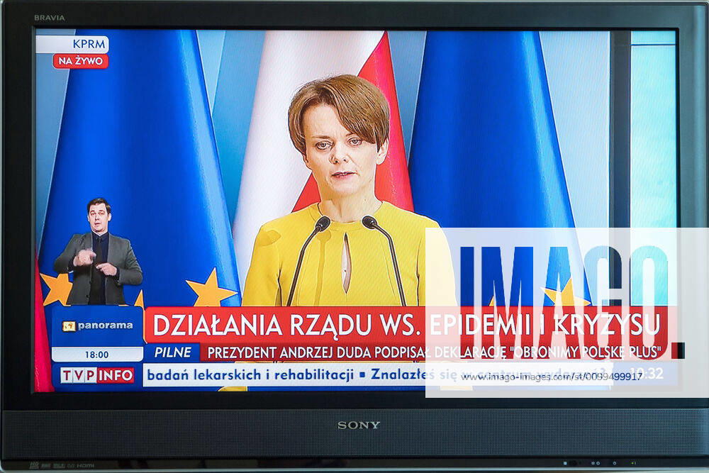 A virtual press conference of Poland s Prime Minister Mateusz Morawiecki and Ministers Jadwiga Emilewicz and Marlena Malag A virtual press conference of Poland s Prime Minister Mateusz Morawiecki and Ministers Jadwiga Emilewicz and Marlena Malag during the coronavirus outbreak on April 21, 2020 in Warsaw, Poland Jadwiga Emilewicz, the Deputy Prime Minister of Poland