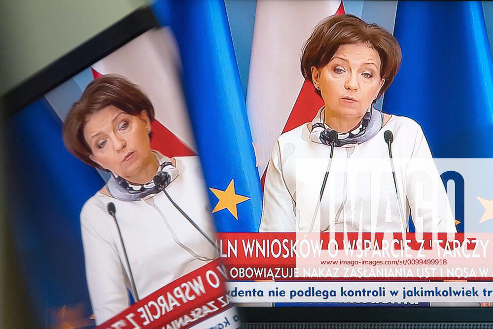 A virtual press conference of Poland s Prime Minister Mateusz Morawiecki and Ministers Jadwiga Emilewicz and Marlena Malag A virtual press conference of Poland s Prime Minister Mateusz Morawiecki and Ministers Jadwiga Emilewicz and Marlena Malag during the coronavirus outbreak on April 21, 2020 in Warsaw, Poland Marlena Malag, the Minister of Family, Labour and Social Policy