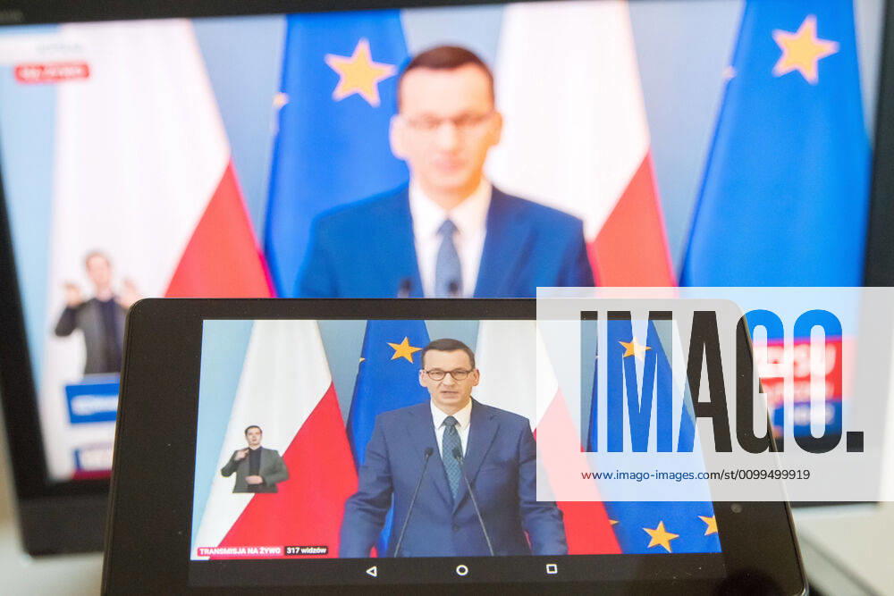A virtual press conference of Poland s Prime Minister Mateusz Morawiecki and Ministers Jadwiga Emilewicz and Marlena Malag A virtual press conference of Poland s Prime Minister Mateusz Morawiecki and Ministers Jadwiga Emilewicz and Marlena Malag during the coronavirus outbreak on April 21, 2020 in Warsaw, Poland Poland s Prime Minister Mateusz Morawiecki