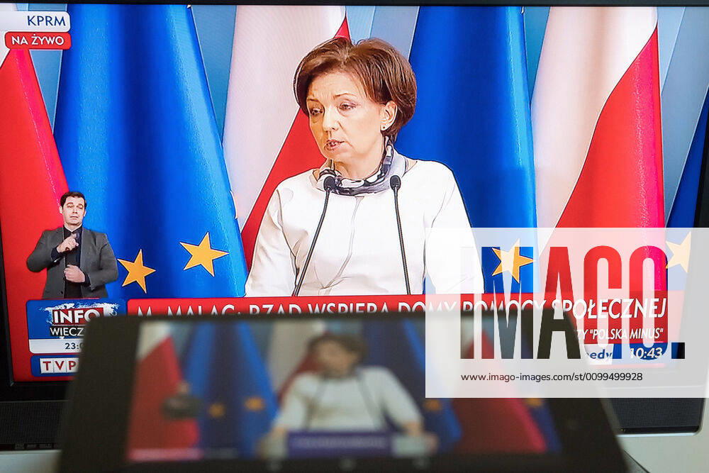 A virtual press conference of Poland s Prime Minister Mateusz Morawiecki and Ministers Jadwiga Emilewicz and Marlena Malag A virtual press conference of Poland s Prime Minister Mateusz Morawiecki and Ministers Jadwiga Emilewicz and Marlena Malag during the coronavirus outbreak on April 21, 2020 in Warsaw, Poland Marlena Malag, the Minister of Family, Labour and Social Policy
