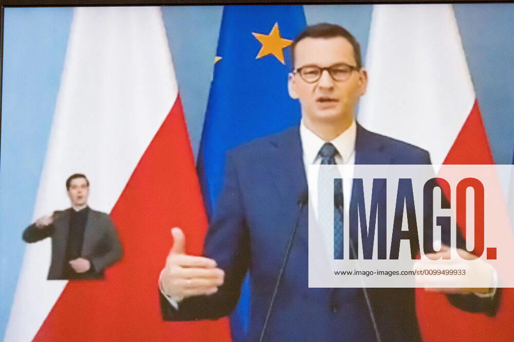 A virtual press conference of Poland s Prime Minister Mateusz Morawiecki and Ministers Jadwiga Emilewicz and Marlena Malag A virtual press conference of Poland s Prime Minister Mateusz Morawiecki and Ministers Jadwiga Emilewicz and Marlena Malag during the coronavirus outbreak on April 21, 2020 in Warsaw, Poland Poland s Prime Minister Mateusz Morawiecki