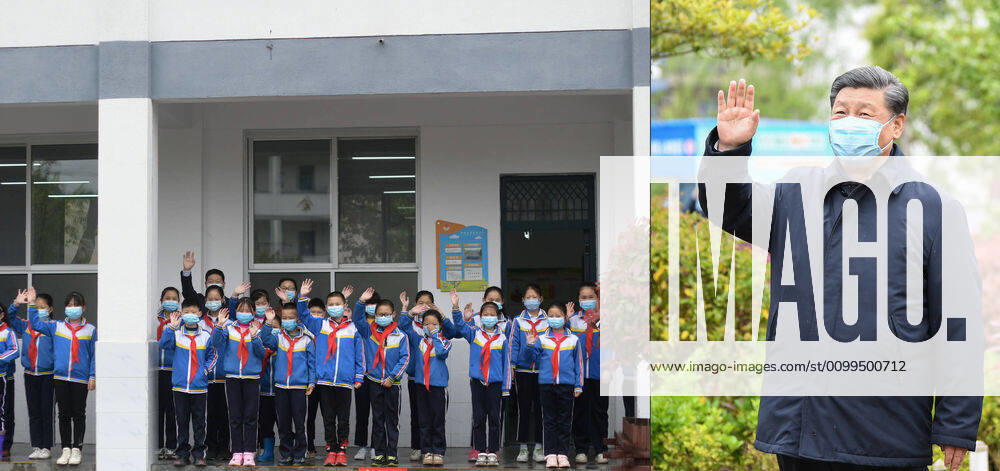 (200421) -- ANKANG, April 21, 2020 -- Combo photo shows Chinese President Xi Jinping, also general secretary of the Communist Party of China Central Committee and chairman of the Central Military Commission, waving to teachers and students during an inspection on poverty alleviation work in a primary school of Laoxian Township, Pingli County of the city of Ankang, northwest China s Shaanxi Province, April 21, 2020. ) CHINA-SHAANXI-XI JINPING-INSPECTION (CN) XiexHuanchi