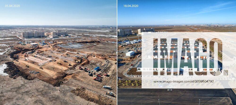 (200421) -- NUR-SULTAN, April 21, 2020 (Xinhua) -- The combo photo shows contrasting images of a makeshift hospital on April 5, 2020 (L) and April 18, 2020 in Nur-Sultan, Kazakhstan. Kazakhstan has built a makeshift hospital to treat COVID-19 patients in 13 days in Nur-Sultan, the developer BI Group announced on Tuesday. (BI Group Handout via Xinhua) KAZAKHSTAN-NUR-SULTAN-COVID-19-MAKESHIFT HOSPITAL