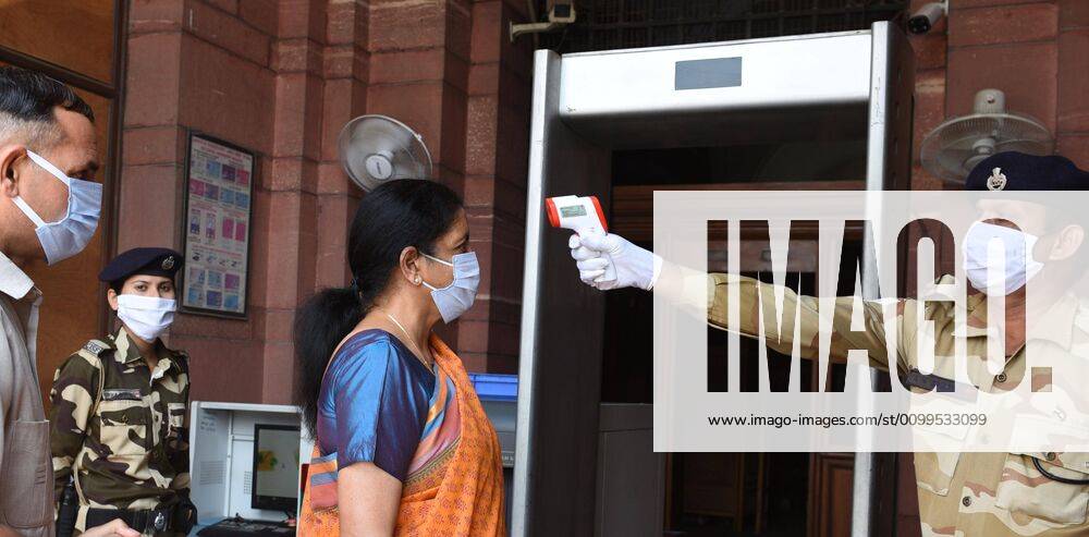 Union Finance Minister Nirmala Sitharaman undergoes thermal screening at Finance Ministry, North block during lockdown, on April 21, 2020 in New Delhi, India. (Photo by Arvind Yadav Hindustan Times) Union Ministries Operate Partially Amid Nationwide Lockdown To Curb Spread Of Coronavirus Covid-19