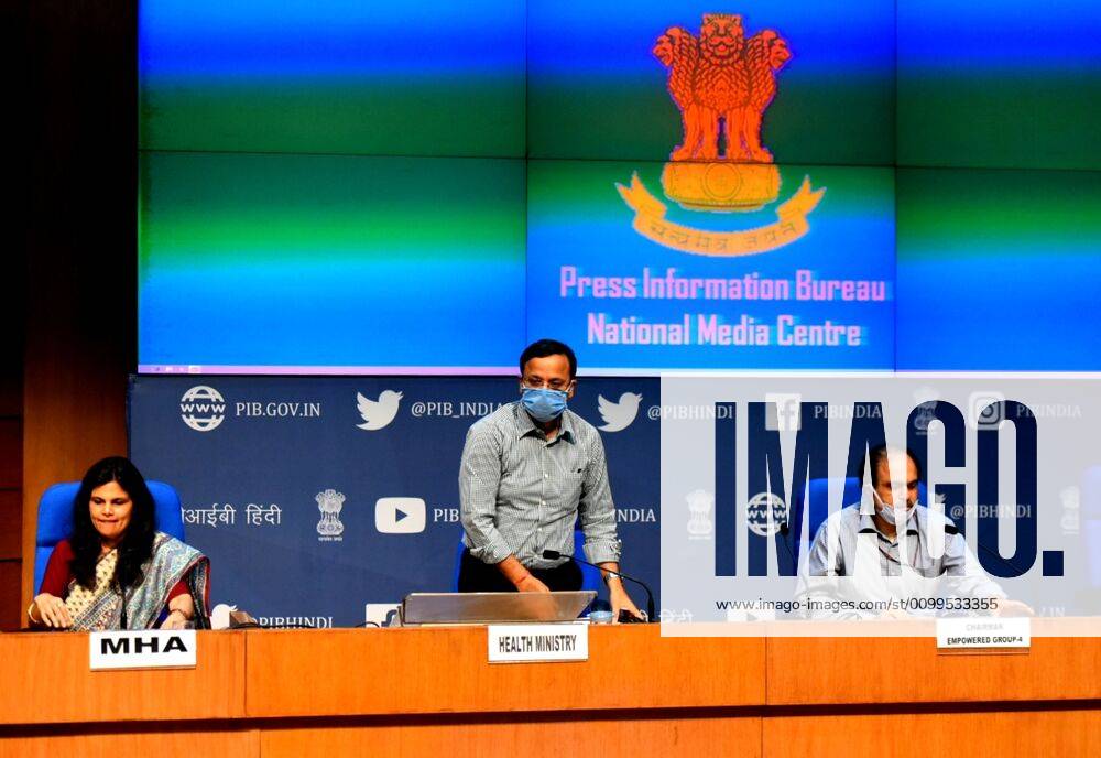 Joint secretary in the Ministry of Health & Family Welfare Lav Agarwal addresses the media on coronavirus (COVID-19) in the presence of Joint Secretary, Ministry of Home Affairs (MHA) Punya Salila Srivastava and Chairman of 4th Empowered Group Arun Kumar Panda, at National media centre on April 21, 2020 in New Delhi, India. (Photo by Sonu Mehta Hindustan Times) Press Conference Ministry Of Health And Family Welfare On Coronavirus Covid-19 Pandemic