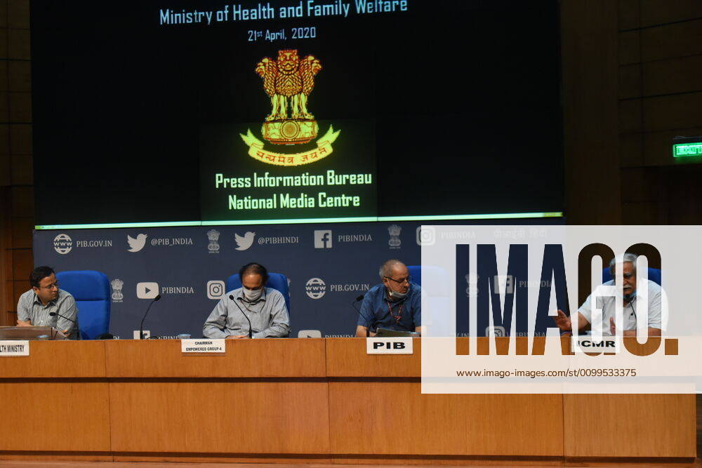 Joint secretary in the Ministry of Health & Family Welfare Lav Agarwal addresses the media on coronavirus (COVID-19) in the presence of Joint Secretary, ICMR Deputy Director Dr Raman Gangakhedkar and Chairman of 4th Empowered Group Arun Kumar Panda, at National media centre on April 21, 2020 in New Delhi, India. (Photo by Sonu Mehta Hindustan Times) Press Conference Ministry Of Health And Family Welfare On Coronavirus Covid-19 Pandemic