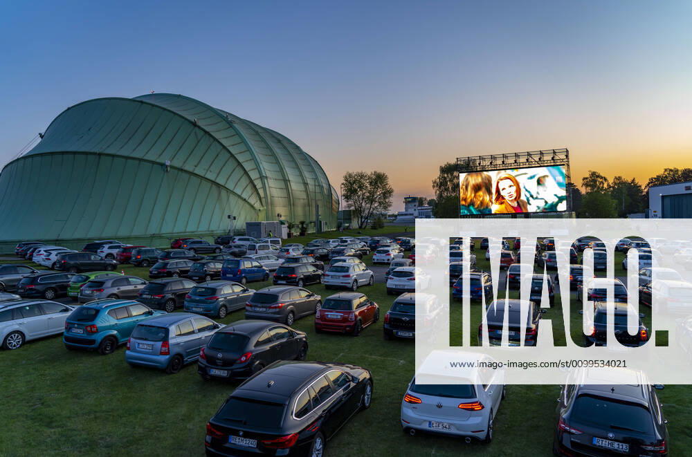 Drive-in cinema at Essen Airport Mülheim Motor Movies, temporary film screening, at WDL airship hangar, event in compliance with contact restrictions, effects of the corona crisis in Essen, Mülheim Germany,