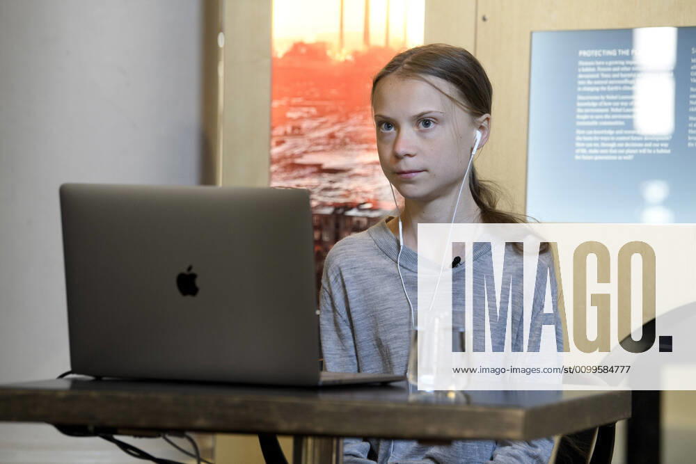 Swedish environmental activist Greta Thunberg during a video conversation with Professor Johan Rockström, who participates via link from Germany, about the coronavirus pandemic and the environment at the Nobel Museum in Stockholm, Sweden, on April 22, 2020 STOCKHOLM SWEDEN