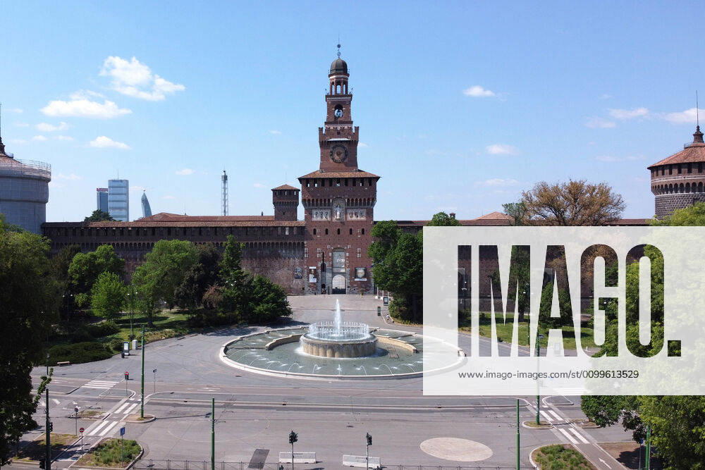 Italy, MilanTown, Milano Cittˆ, during restrictions due to the Coronavirus Covid-19, Piazza Castello Sforzesco