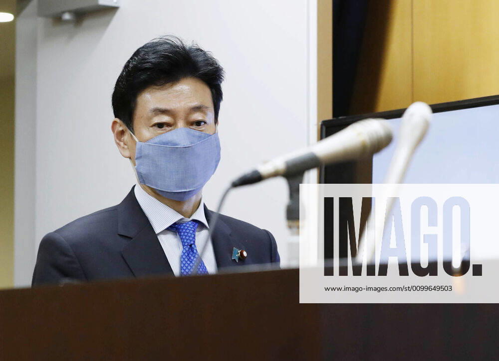 New coronavirus Japanese economic revitalization minister Yasutoshi Nishimura speaks at a press conference in Tokyo on April 22, 2020, after holding talks with Tokyo Gov. Yuriko Koike over the coronavirus pandemic.