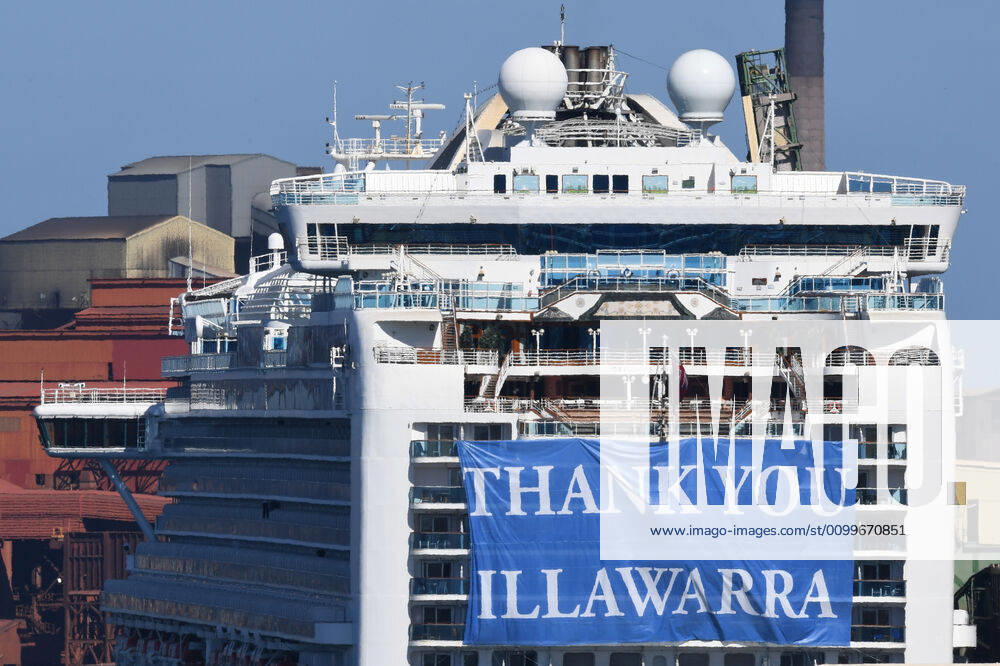 RUBY PRINCESS DEPARTURE, A Thank You Illawarra sign hangs from the stern of the Ruby Princess cruise ship in Wollongong, New South Wales, Thursday, April 23, 2020. Bus loads of crew were taken from the Ruby Princess cruise ship which has been told to leave Australia by Thursday. ( NO ARCHIVING, , NO USE IN BOOKS WITHOUT CONSENT SYDNEY NSW AUSTRALIA