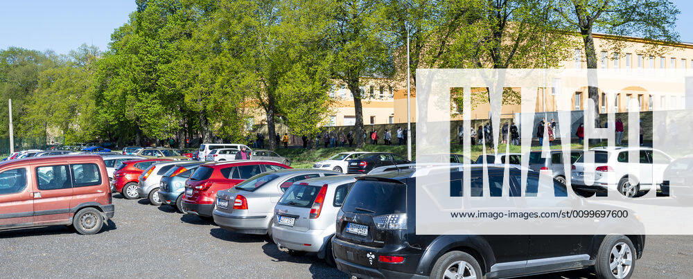 People waiting queue to take a sample for a covid-19 test, on April 23, 2020, in Litomerice, Czech Republic. Across-the-board testing of population for new coronavirus began today. Test points open in Prague at 10:00, in Brno and Litomerice at 8:00. The goal is to find out the presence of coronavirus in Czech population. (CTKxPhoto OndrejxHajek) CTKPhotoP202004230299501 HAJ 08