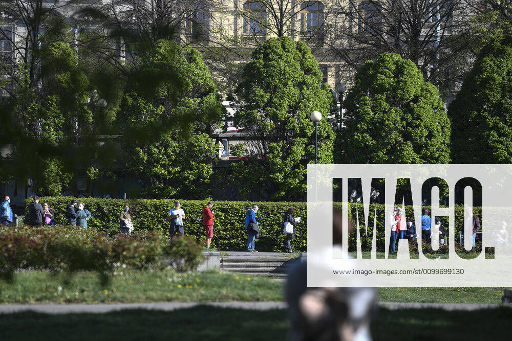 People waiting queue to take a sample for a covid-19 test, on April 23, 2020, in Zitek Gardens, Prague, Czech Republic. Across-the-board testing of population for new coronavirus began today. Test points open in Prague at 10:00, in Brno and Litomerice at 8:00. The goal is to find out the presence of coronavirus in Czech population. (CTKxPhoto MichalxKamaryt) CTKPhotoP202004230320501 kmt 7