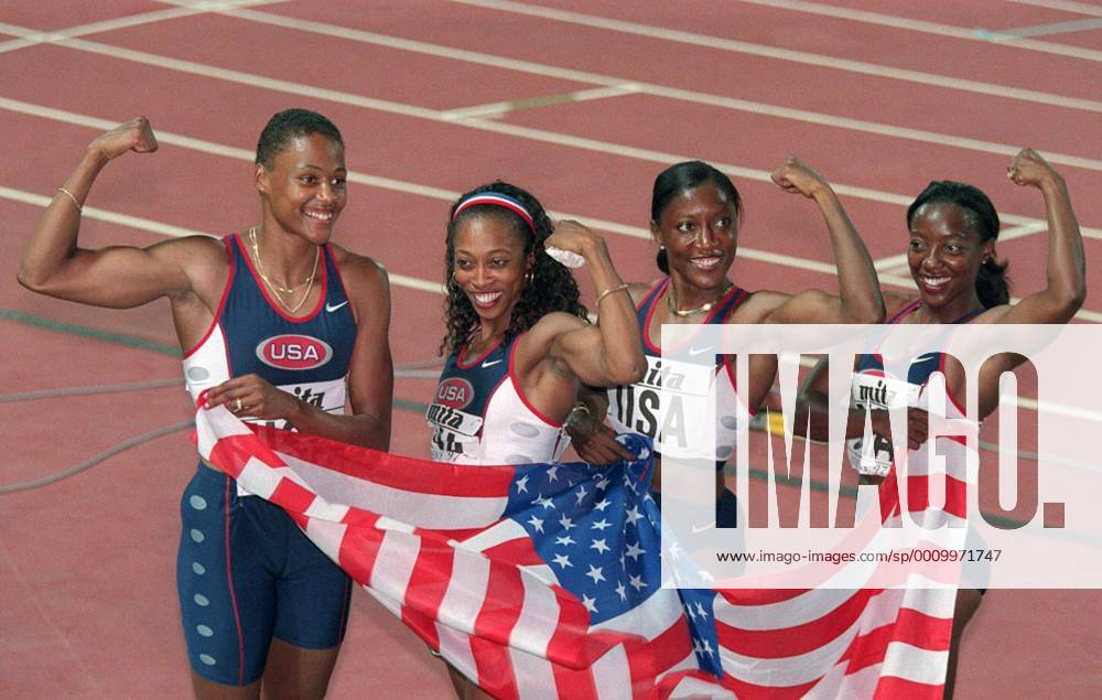 Leichtathletik WM Weltmeisterschaft Athen 1997 4 mal 100 Meter Damen Gold für USA von links: Jones Marian Devers Gail Miller Inger ?