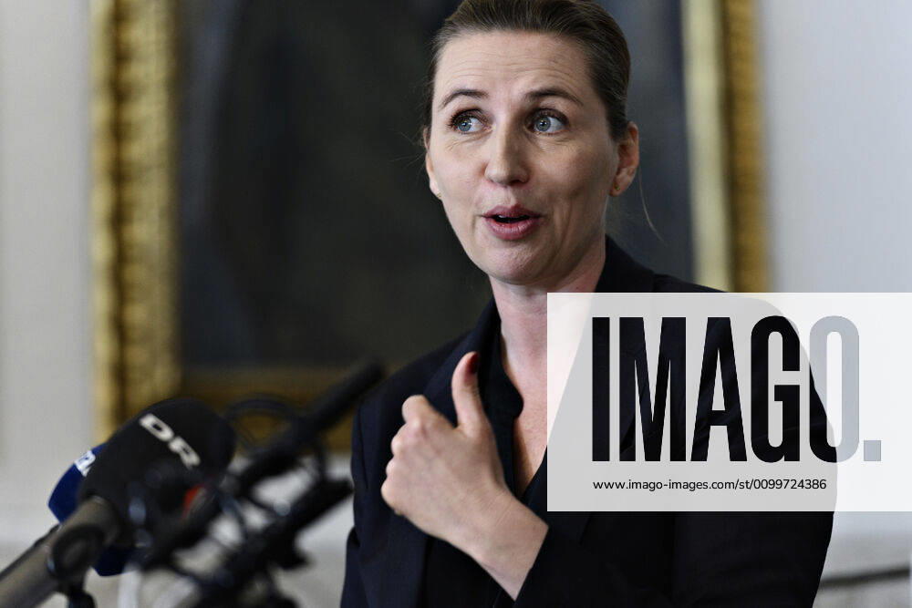 Prime Minister Mette Frederiksen S speaks to the press following a party leadership meeting on reopening in Christiansborg, Thursday, April 23, 2020 Party leaders meet on test strategy and further process ahead of phase two of reopening Denmark after covid 19 shutdowns, Copenhagen Denmark,