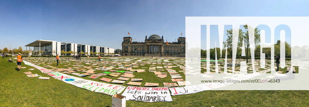 Fridays for Future protest only with signs in front of the deutsc, participants of Fridays for Future have laid out thousands of self-painted posters in front of the German Bundestag, Reichstag building, and thus demonstrate Berlin Berlin Deutschland without any personal active participation