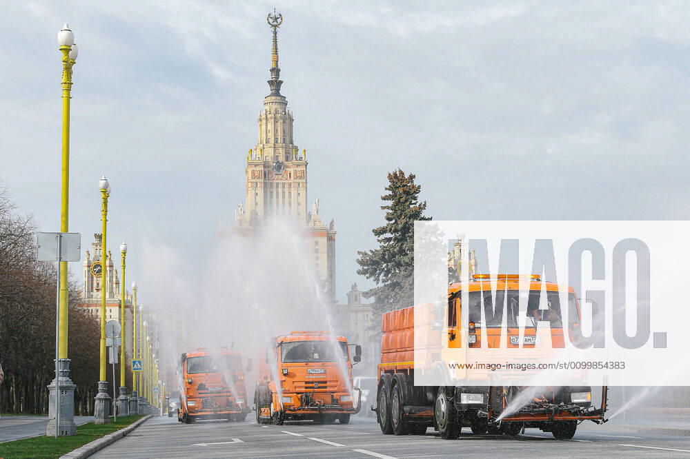 (200424) -- MOSCOW, April 24, 2020 (Xinhua) -- Utility service vehicles disinfect a road in Moscow, Russia, on April 24, 2020. Russia has reported 5,849 COVID-19 cases over the last 24 hours, taking its total to 68,622 as of Friday, the country s coronavirus response center said in a statement. (Xinhua Evgeny Sinitsyn) RUSSIA-MOSCOW-COVID-19