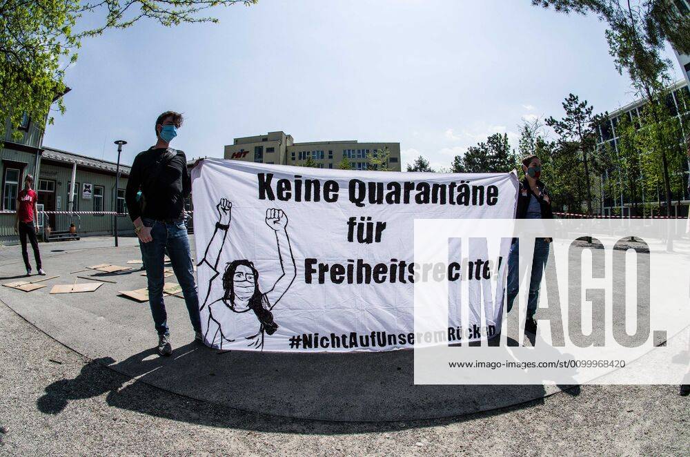 Contrasting with numerous, controversial Querfront demonstrations in the city center, pro-democracy and left-wing groups demonstrated at the Munich-Giesing train station under the national motto of â€oeKeine Quarantaene fuer Freiheitsrechte†(No Quarantine for Freedom and Rights). The wave of demonstrations on all fronts are part of a relaxing of the restrictions and in response to a court case that judged the right for demonstrations to be maintained. The group displayed a critical tone against corporations being given favorable treatment during the crisis instead of ordinary people and workers. The group also maintained an explicit pro-science message, with regard to the Coronavirus crisis. Munich Germany - ZUMAb160 20200425_zbp_b160_080