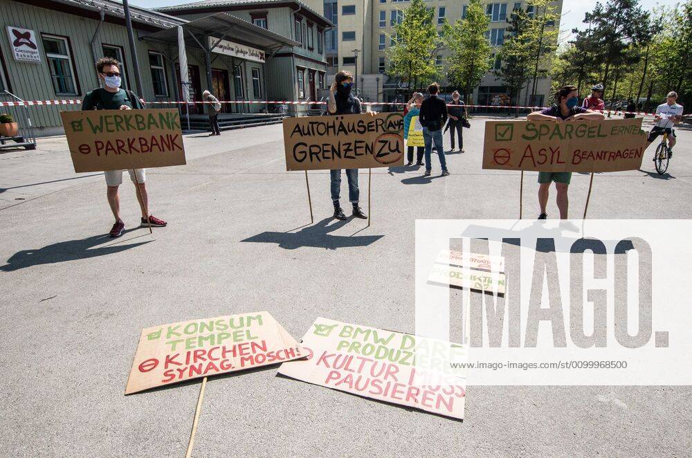 Contrasting with numerous, controversial Querfront demonstrations in the city center, pro-democracy and left-wing groups demonstrated at the Munich-Giesing train station under the national motto of â€oeKeine Quarantaene fuer Freiheitsrechte†(No Quarantine for Freedom and Rights). The wave of demonstrations on all fronts are part of a relaxing of the restrictions and in response to a court case that judged the right for demonstrations to be maintained. The group displayed a critical tone against corporations being given favorable treatment during the crisis instead of ordinary people and workers. The group also maintained an explicit pro-science message, with regard to the Coronavirus crisis. Munich Germany - ZUMAb160 20200425_zbp_b160_081
