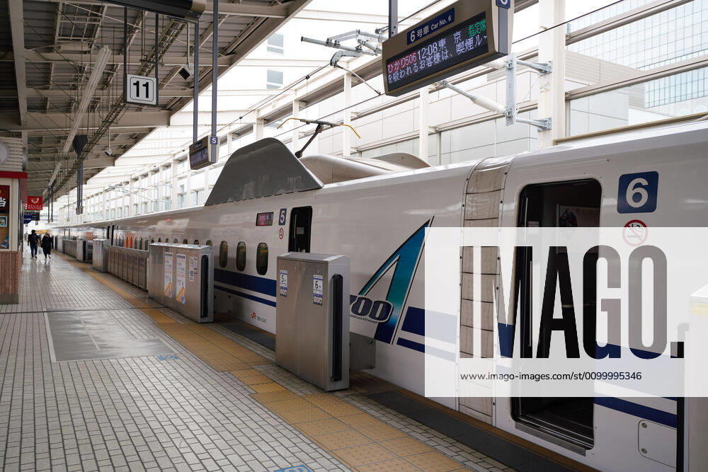Kyoto, Japan - The bullet train platform at Kyoto Station is seen empty where it is usually busy with local travelers and tourists from overseas as Japan remains in a state of emergency over the current coronavirus pandemic. (xjrb_kyotojapanstateofemergency_003)