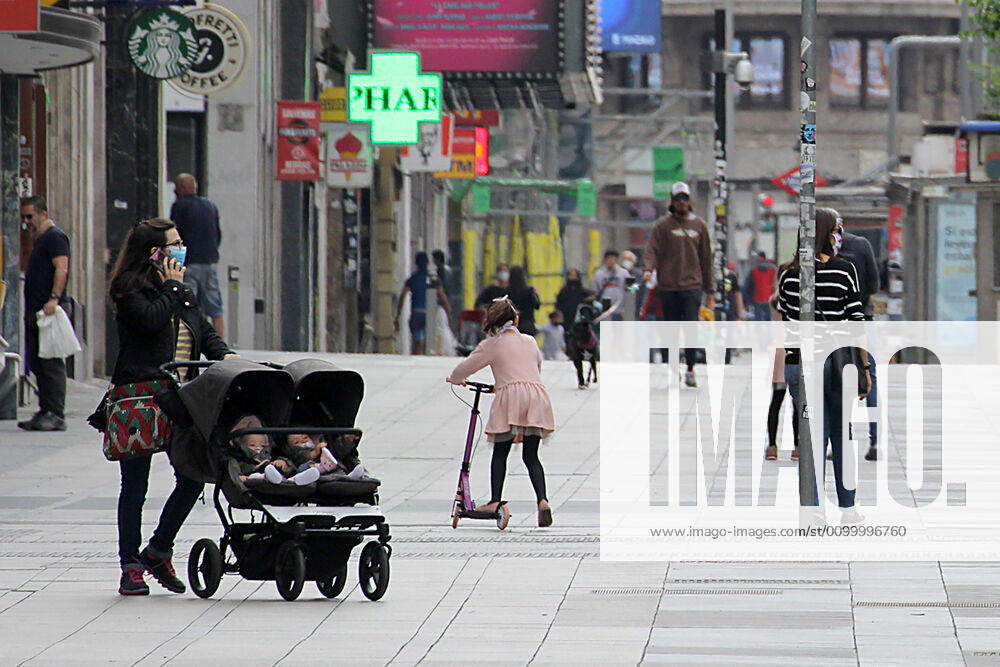 Some families walk the Gran Via of Madrid during the first day of permission so that the children can spend an hour daily on the street during the health crisis due to the Covid-19 virus pandemic - Coronaviruss. April 26,2020. (20200426114)