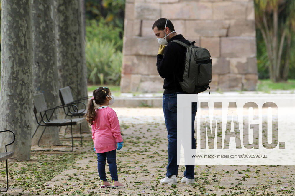 A family walks the streets of Madrid during the first day of permission so that the children can spend an hour daily on the street during the health crisis due to the Covid-19 virus pandemic - Coronaviruss. April 26,2020. (2020042683)