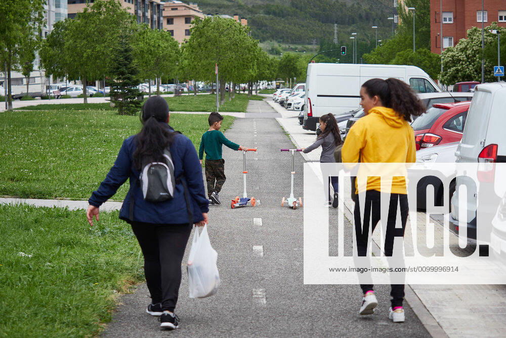 A woman and her son leave the home on the first day of relaxation of the confinement measures marked by the Government of Spain during the State of Alarm caused by the Covid-19 Pandemic on April 26, 2020 in Valdemoro, Madrid, Spain Pamplona SPAIN - ZUMAa181 20200426_zaa_a181_047