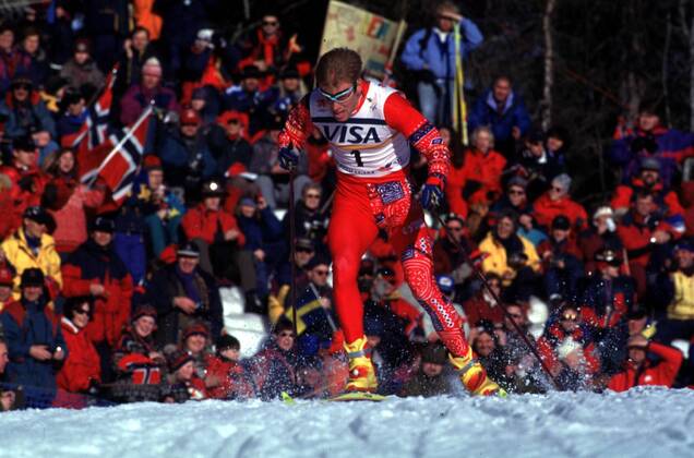 Björn Daehlie in der Loipe Nordischer Skilauf WM Herren Skilanglauf, Langlauf, Ski Nordisch, Nordischer Skisport: Weltmeisterschaft, Freier Stil Einzelbild Trondheim Dynamik, Begeisterung,