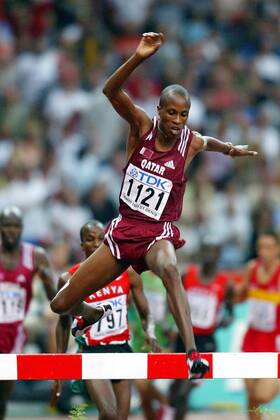 Saif Saeed Shaheen (Qatar) Leichtathletik WM Herren Weltmeisterschaft 2003, Nationaltrikot, Einzelbild Paris Dynamik, Höhe,