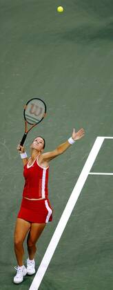Lindsay Davenport (USA) - Aufschlag Tennis Damen US-Open 2003, WTA-Tour, Grand Slam, Hartplatz, Hardcourt, Hartplatztennis, Hartplatzturnier, Vdig Einzelbild Flushing Meadows, Meadow New York Dynamik,
