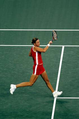 Lindsay Davenport (USA) - Vorhand im Halbfeld Tennis Damen US-Open 2003, WTA-Tour, Grand Slam, Hartplatz, Hardcourt, Hartplatztennis, Hartplatzturnier, Vdig Einzelbild Flushing Meadows, Meadow New York Dynamik,