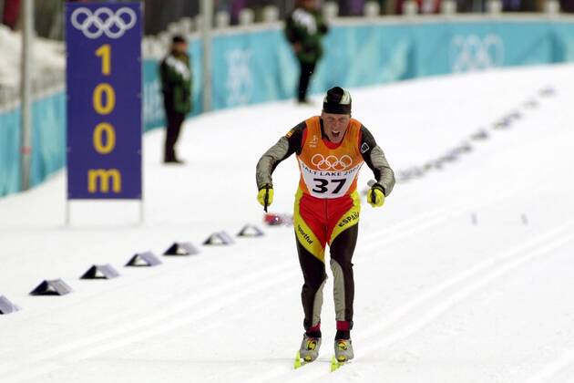 Johann Mühlegg (Spanien) - noch 100m bis ins Ziel Nordischer Skilauf OS Winter Herren Olympische Winterspiele 2002, Olympia, Olympiade, Spiele, Ski Nordisch, Nordischer Skisport, Einzelbild Salt Lake City