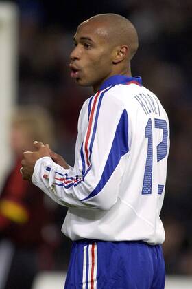 Thierry Henry (Frankreich) Fußball Länderspiel Herren Freundschaftsspiel 2003, Nationalmannschaft, Nationalteam, Nationaltrikot, Länderspiel, Test, Vdig Einzelbild Testspiel Gelsenkirchen