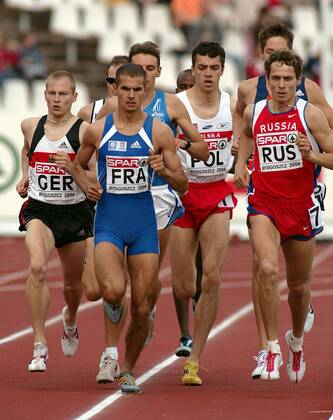 V.li.: Toni Mohr (Deutschland), Mehdi Baala (Frankreich), Zbigniew Graczyk (Polen) und Yuriy Borzakovskiy (Rußland) Leichtathletik EC 3 Herren SPAR Europapokal 2004, Europacup, Meeting, Leichtathletikmeeting, Sportfest, Vdig Gruppe Bydgoszcz