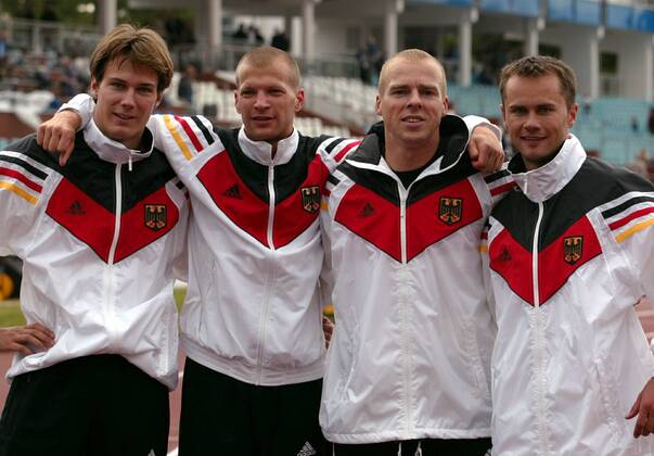 4x100m Staffel Deutschland, v.li.: Till Helmke, Tobias Unger, Ronny Ostwald, und Alexander Kosenkow Leichtathletik EC 3 Herren SPAR Europapokal 2004, Europacup, Meeting, Leichtathletikmeeting, Sportfest, Vdig Gruppe Bydgoszcz
