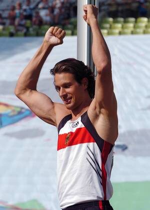 Danny Ecker (Deutschland) - Jubel Leichtathletik Herren Team Challenge 2004, Länderkampf, Nationaltrikot Einzelbild München Freude,