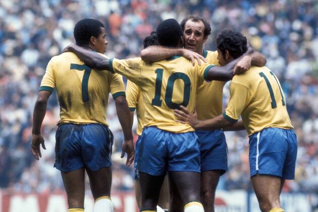 Torjubel Brasilien v.li.: Jairzinho, Pele, Gerson, Roberto Rivelino Fußball WM Herren Weltmeisterschaft 1970, Nationalmannschaft, Nationalteam, Nationaltrikot, Finale, Endspiel Gruppe Länderspiel Mexiko City Begeisterung, Freude,