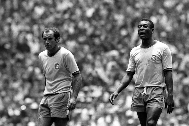 Gerson (li) neben Pele (beide Brasilien) Fußball WM Herren Weltmeisterschaft 1970, Finale, Länderspiel, Nationalmannschaft, Nationalteam, Nationaltrikot, Gruppe Mexico City