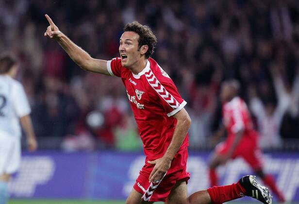 Tiago Bernardi (Thun) - Torjubel Fußball EC 1 Herren Champions League Qualifikation 2005 2006, FC Thun, Super, Nationalliga A, NLA, 1. Schweizer Liga Einzelbild Bern Freude, Begeisterung,