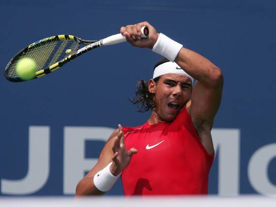 Rafael Nadal (Spanien) - Vorhand Tennis Herren US Open 2005, Grand Slam, ATP Tour Einzelbild Flushing Meadow, Meadows New York Dynamik