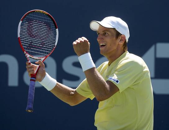 Jarkko Nieminen (Finnland) jubelt Tennis Herren US Open 2005, Grand Slam, ATP Tour, Einzelbild Flushing Meadow, Meadows New York Freude,
