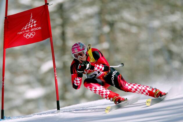 Janica Kostelic (Kroatien) Alpiner Skilauf OS Winter Damen Olympische Spiele Turin 2006, Winterspiele, Ski Alpin, Skisport, Super G Einzelbild pan12781 San Sicario Fraiteve Dynamik,  