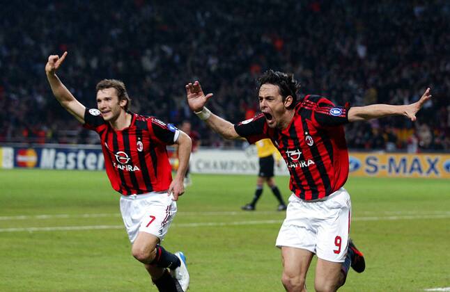 Filippo Inzaghi (re.) und Andriy Shevchenko (beide Milan) - Torjubel Fußball EC 1 Herren Champions League 2005 2006, AC Mailand Gruppe Mailand Freude, Begeisterung,