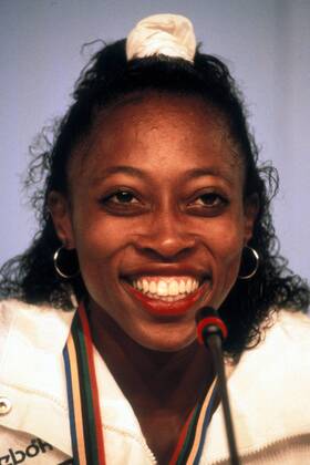 Gail Devers (USA) - Pressekonferenz Leichtathletik OS Sommer Damen Olympische Spiele Barcelona 1992, Sommerspiele, Porträt Barcelona Freude, Leichtathletik OS Sommer Damen Olympische Spiele Barcelona 1992, Sommerspiele, Porträt Barcelona Freude,
